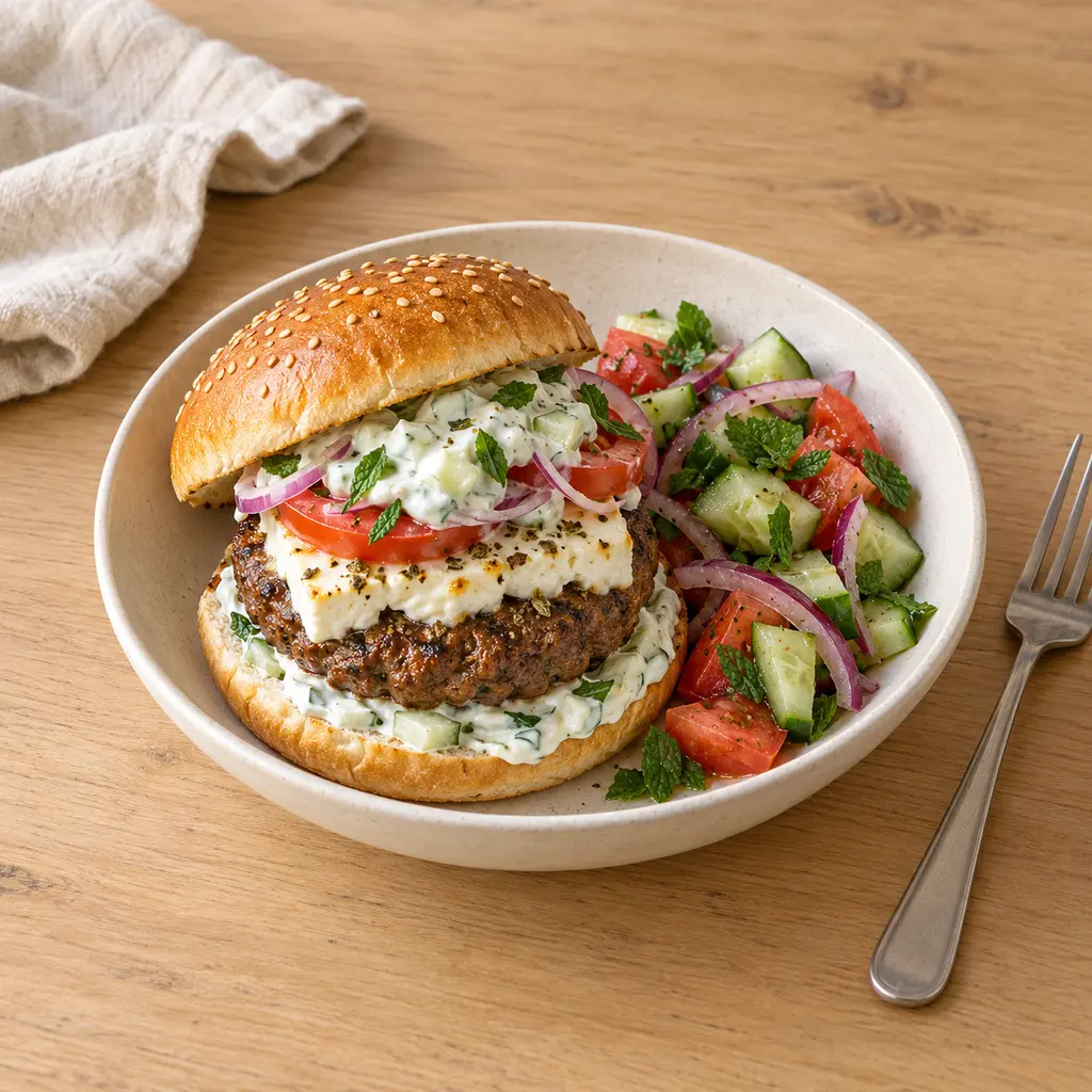 Burgers de boeuf à la grecque, feta et tzatziki