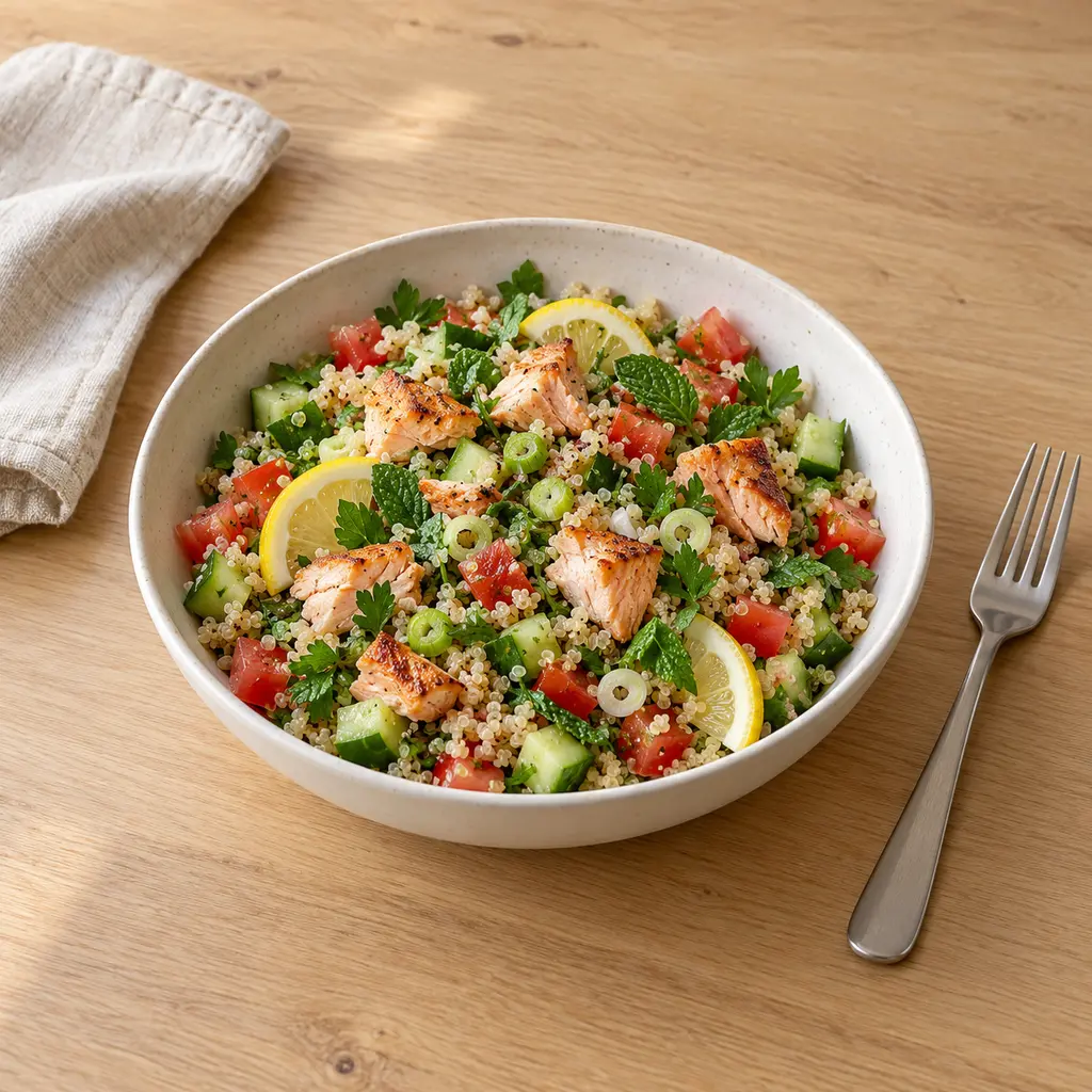 Taboulé de quinoa au saumon poêlé, citron et herbes fraîches