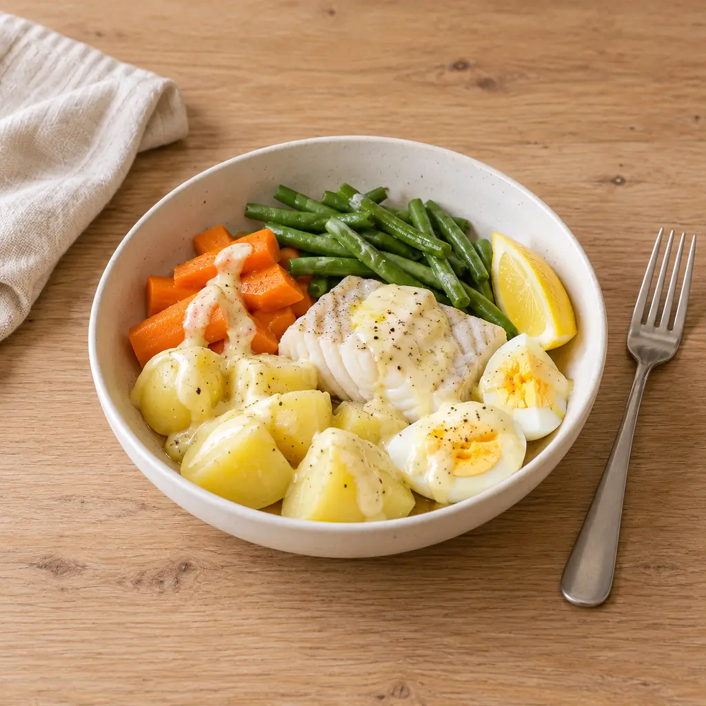 Aïoli express de colin, légumes tendres et oeufs durs