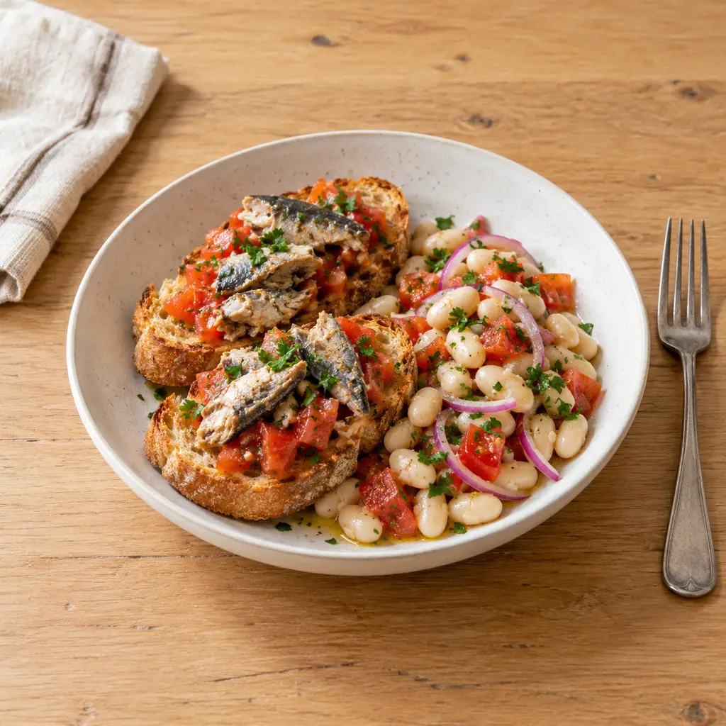 Bruschettas aux sardines et tomates, salade de haricots blancs au citron