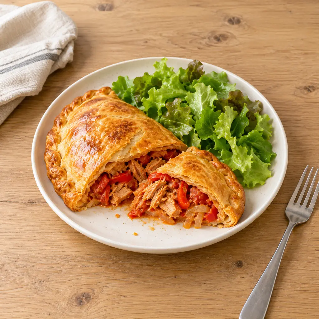 Empanada au thon et aux poivrons en chausson, salade verte
