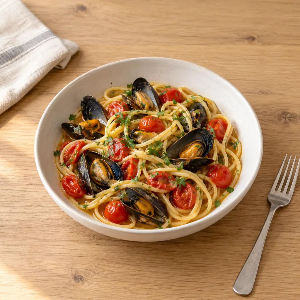 Spaghetti aux moules, tomates cerises et ail