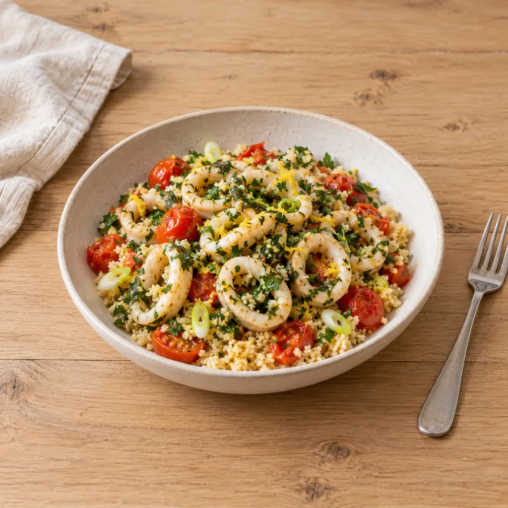 Calamars sautés en persillade, semoule aux tomates cerises et citron