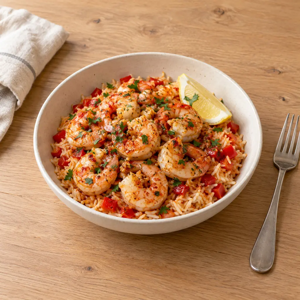 Crevettes à l'ail et au piment façon gambas al ajillo, riz aux poivrons