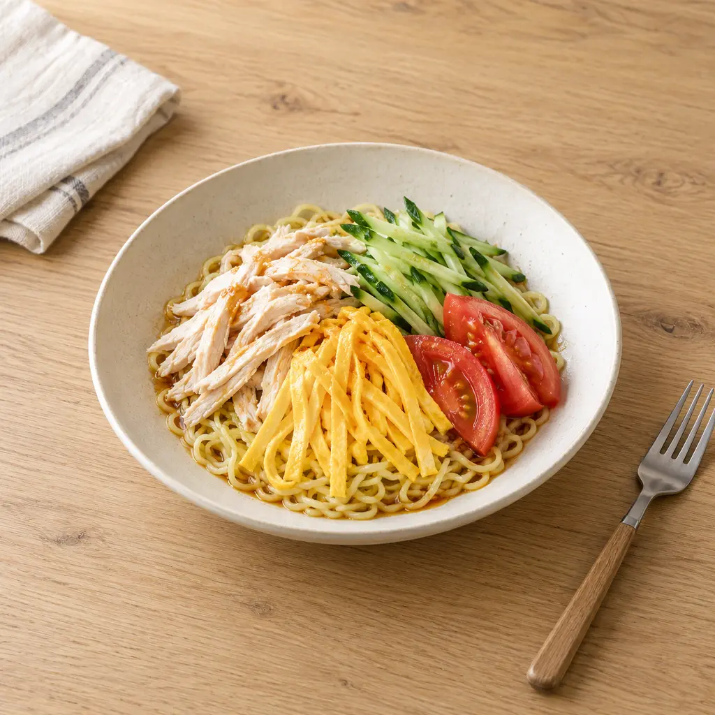 Salade de nouilles froides au poulet, concombre et omelette (hiyashi chuka)