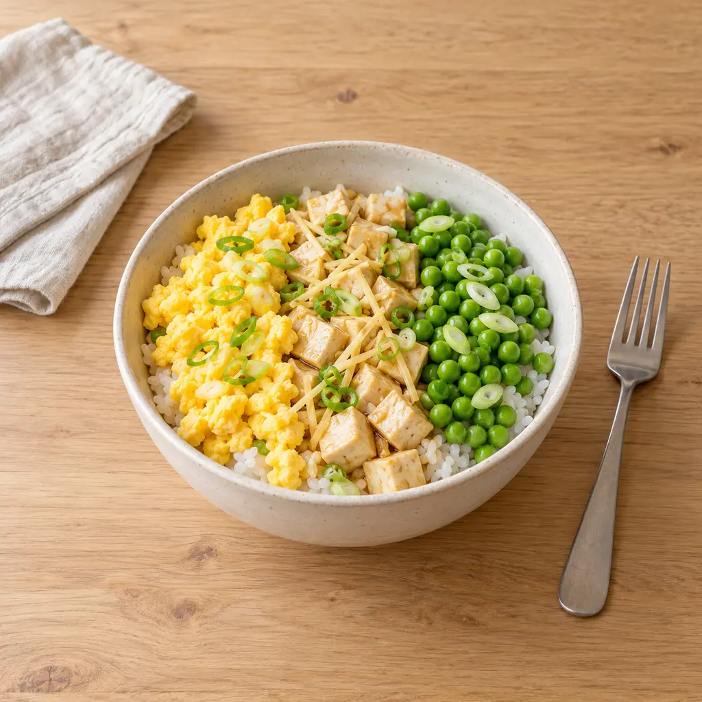 Donburi tricolore aux oeufs brouillés, tofu au soja et petits pois