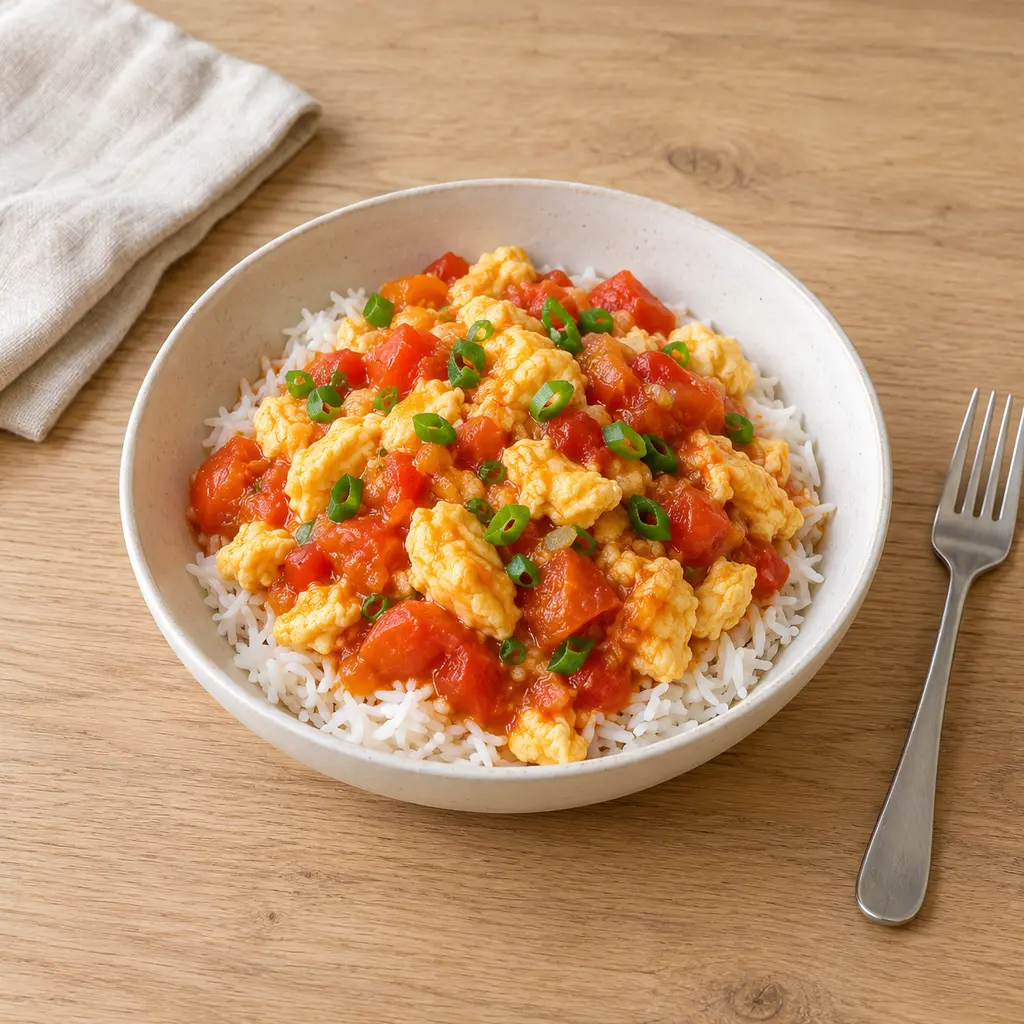 Oeufs sautés à la tomate à la chinoise, riz vapeur