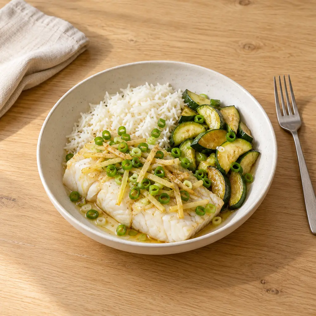 Colin vapeur au gingembre et oignon nouveau, riz et courgette sautée