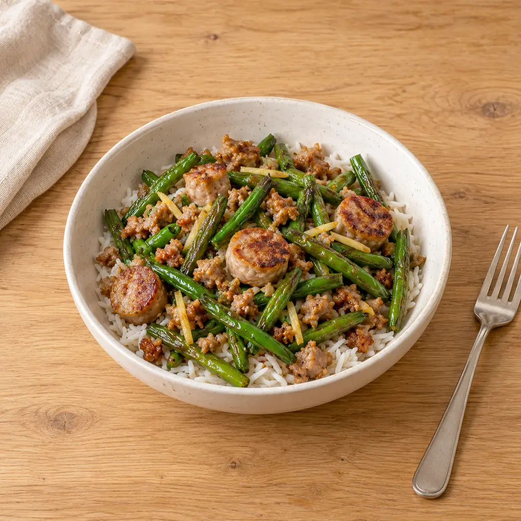 Haricots verts sautés à la sichuanaise et porc émietté