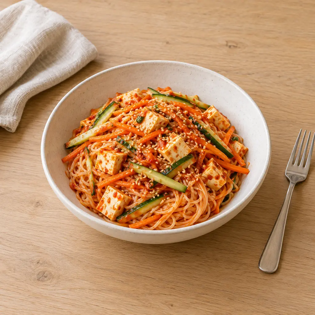 Nouilles froides épicées au gochujang, tofu et concombre (façon bibim guksu)