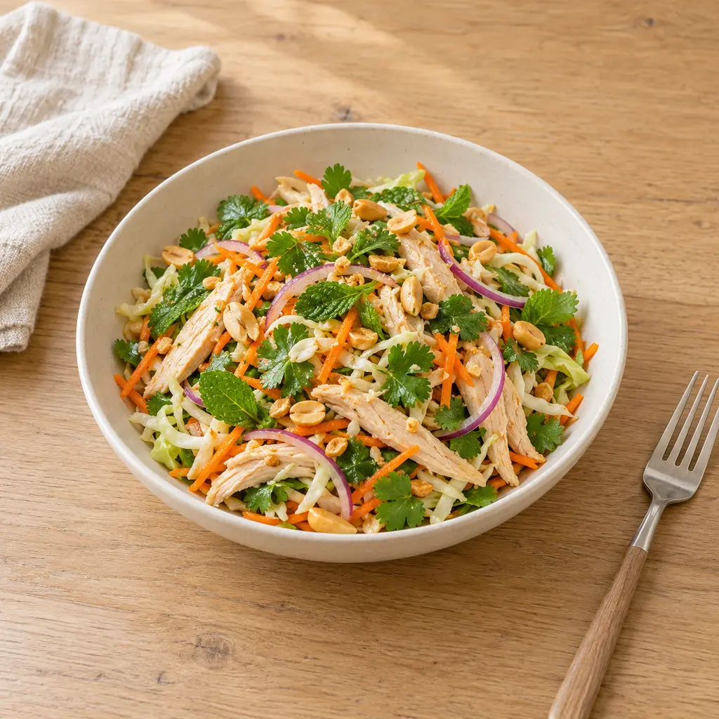 Salade vietnamienne au poulet, chou croquant, menthe et cacahuètes