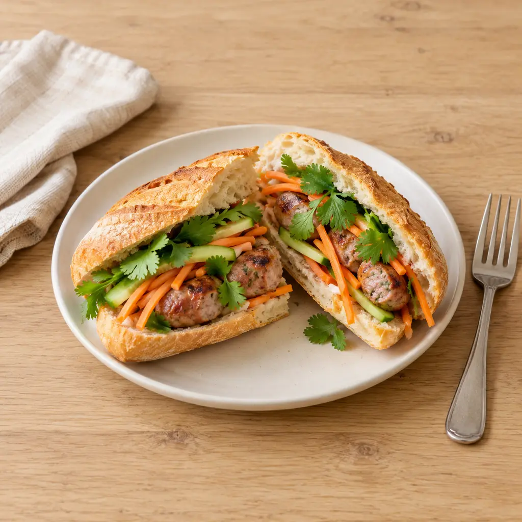 Bánh mì aux boulettes de porc, carottes au vinaigre et coriandre