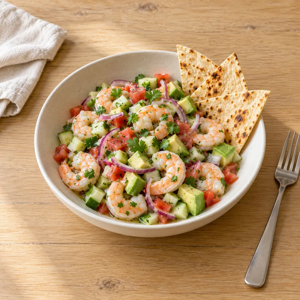 Crevettes façon ceviche, avocat, concombre et tortillas grillées