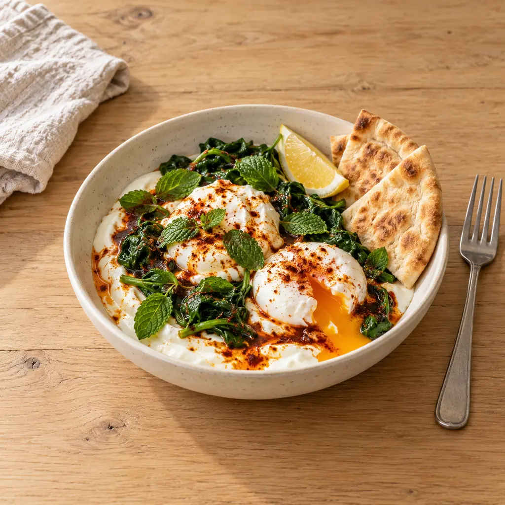 Çılbır, oeufs pochés sur yaourt à l'ail, beurre au paprika et épinards