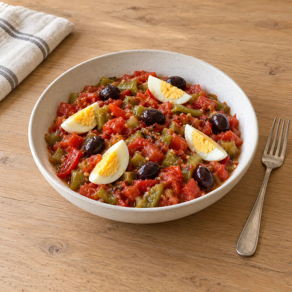 Salade méchouia aux poivrons grillés, oeufs durs et olives