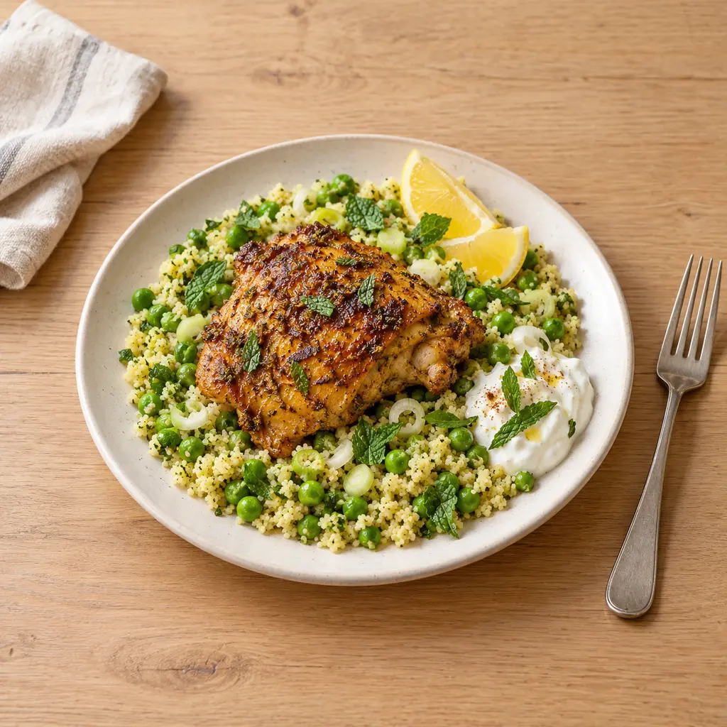 Poulet grillé au ras el hanout, semoule aux petits pois et à la menthe