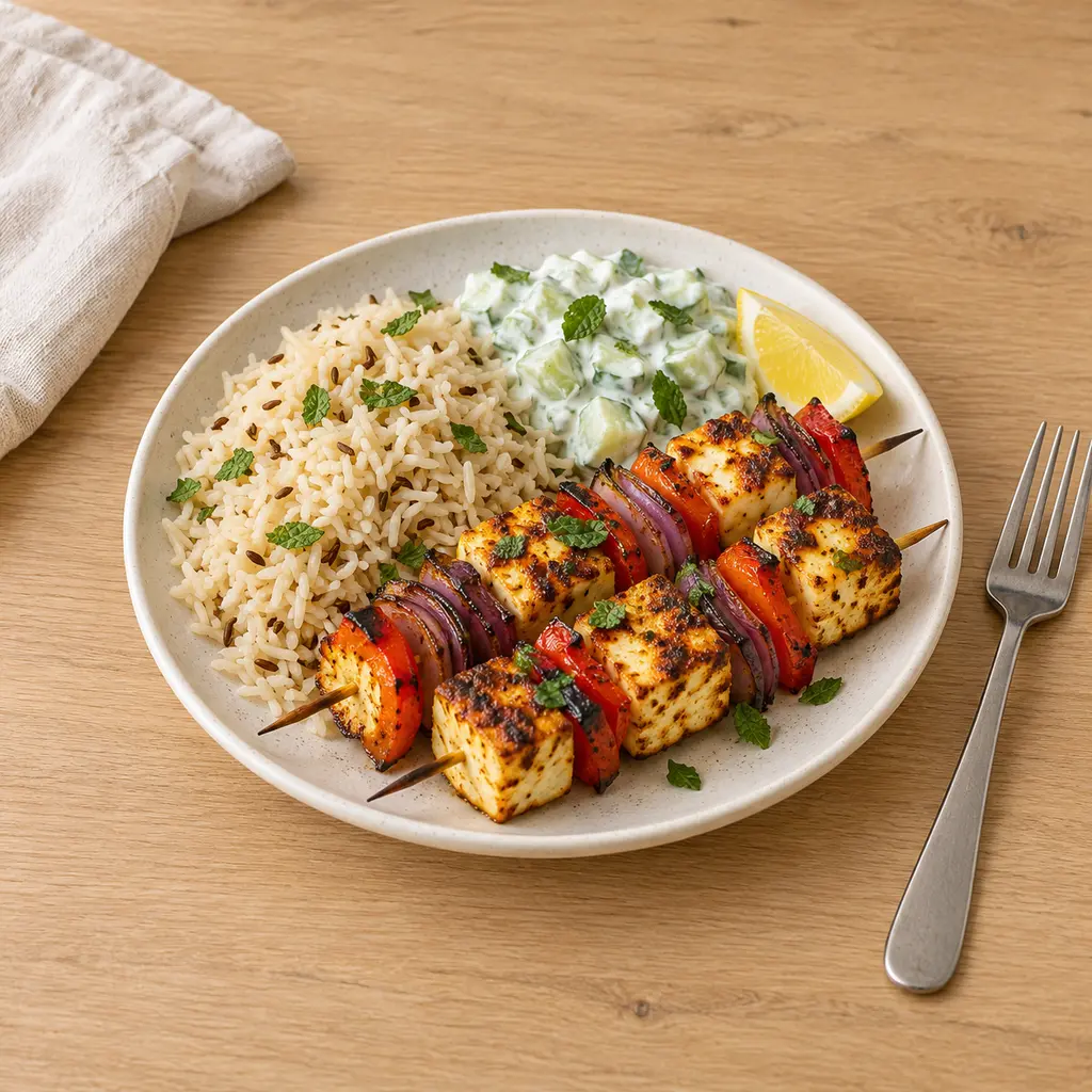 Brochettes de halloumi tikka, riz au cumin et raïta au concombre