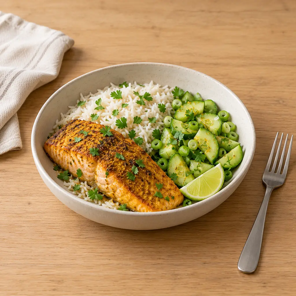 Saumon au colombo, riz et salade de concombre au citron vert