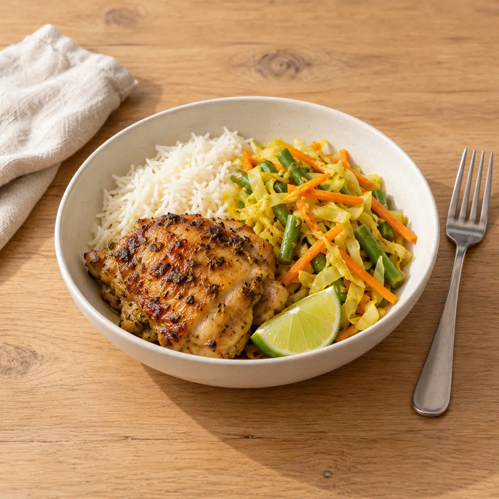Poulet grillé au citron vert, achards de légumes et riz