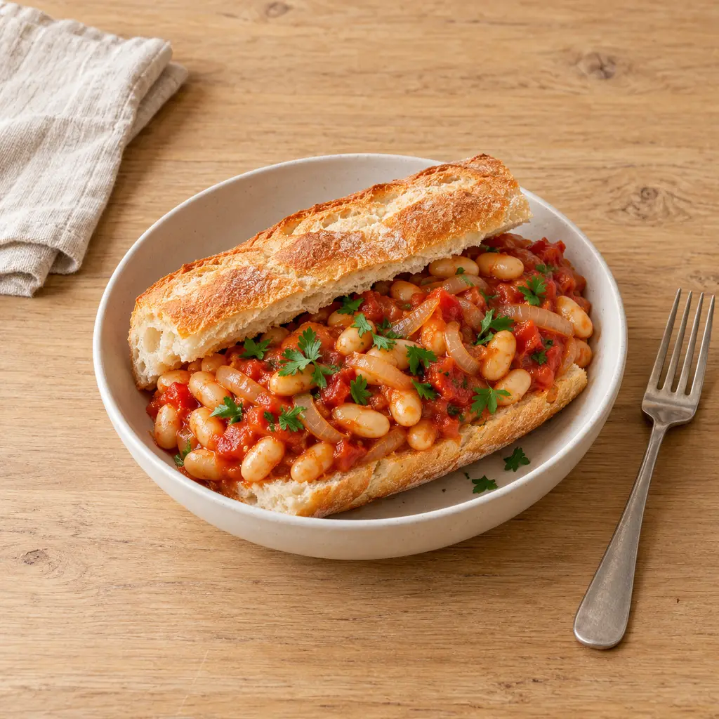 Ndambé, ragoût de haricots blancs à la tomate en sandwich