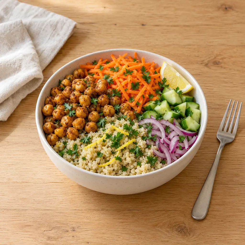 Bowl de quinoa, pois chiches croustillants au cumin et carottes râpées