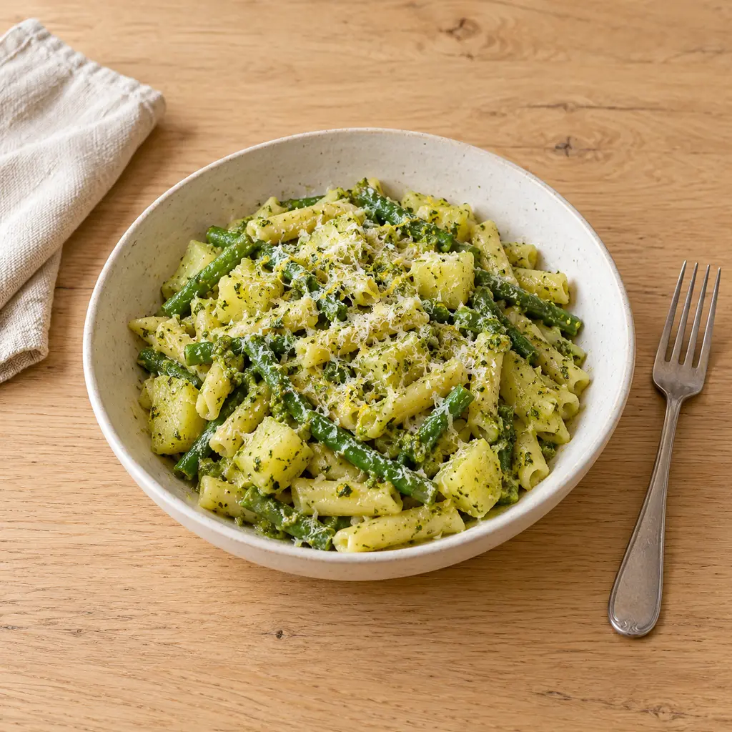 Pâtes au pesto, haricots verts et pommes de terre à la génoise