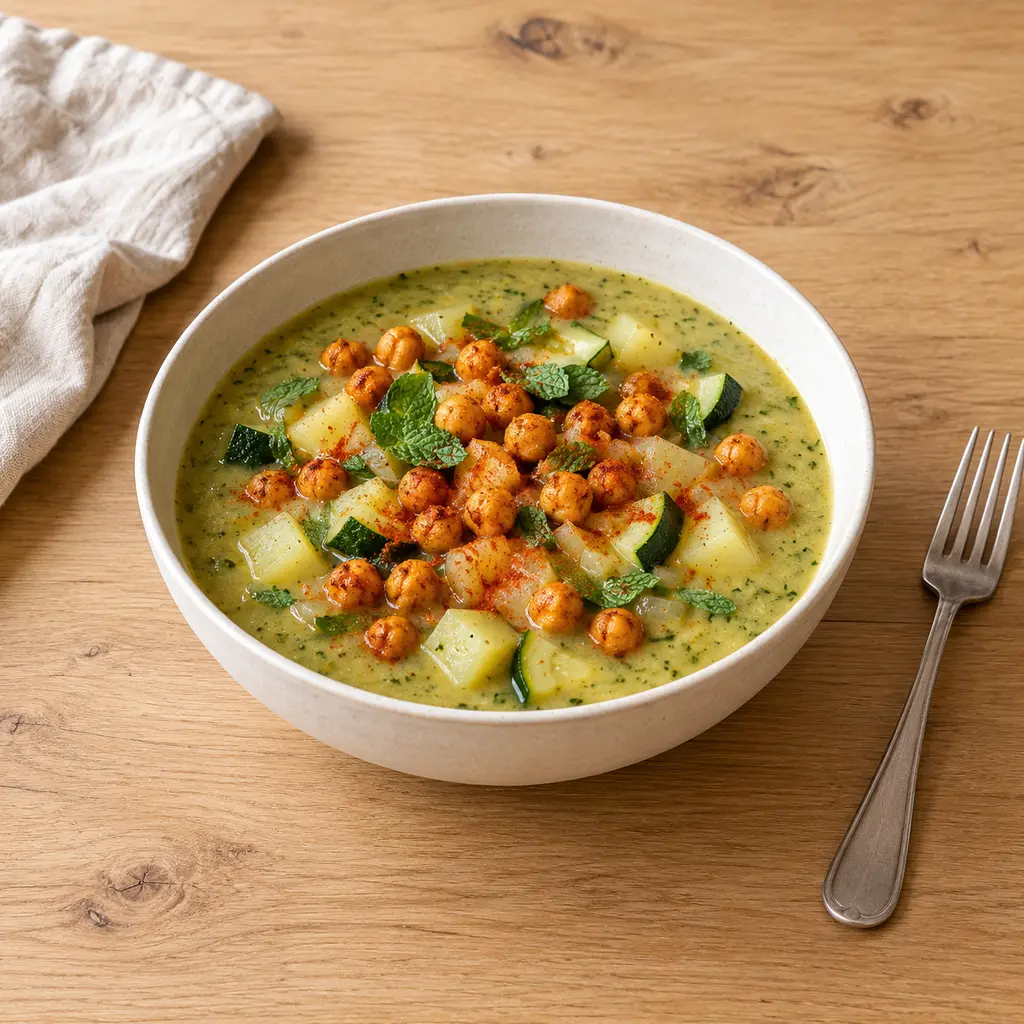 Soupe froide courgette-menthe et pois chiches au paprika fumé