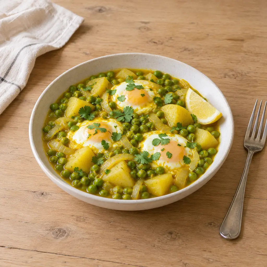 Tajine de petits pois et pommes de terre aux oeufs pochés (jelbana)