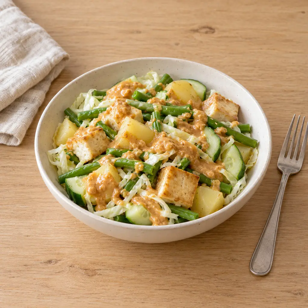 Gado-gado au tofu, pommes de terre et haricots verts, sauce cacahuète