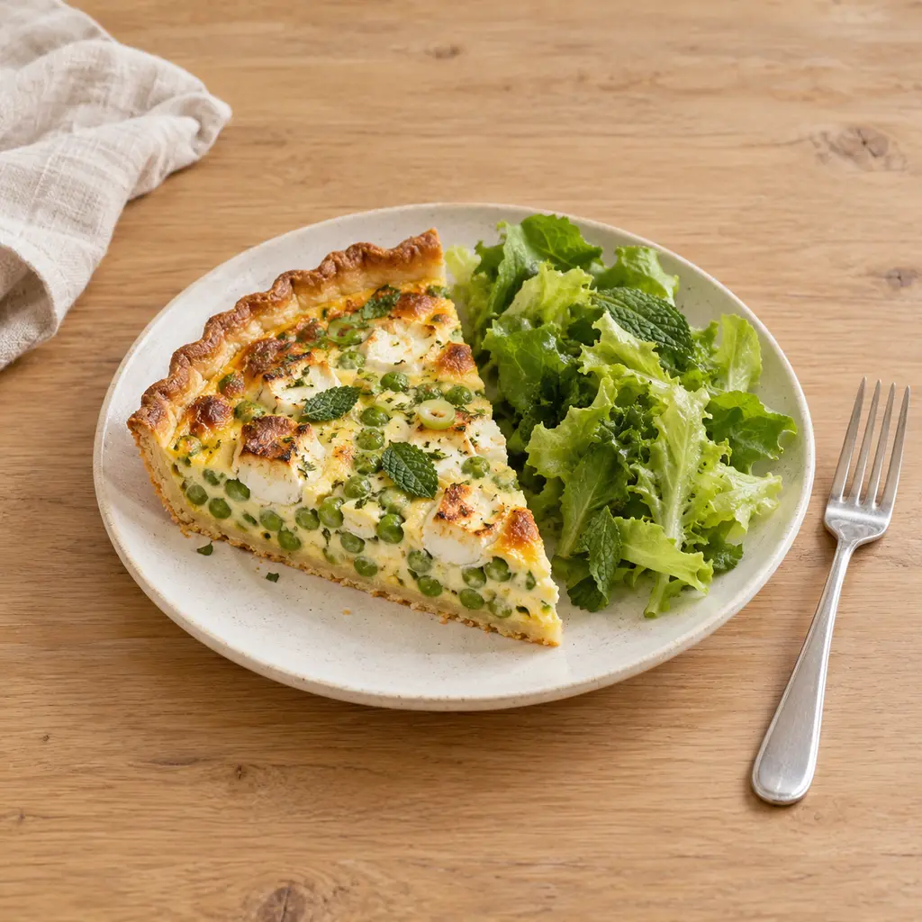 Quiche aux petits pois, chèvre et menthe