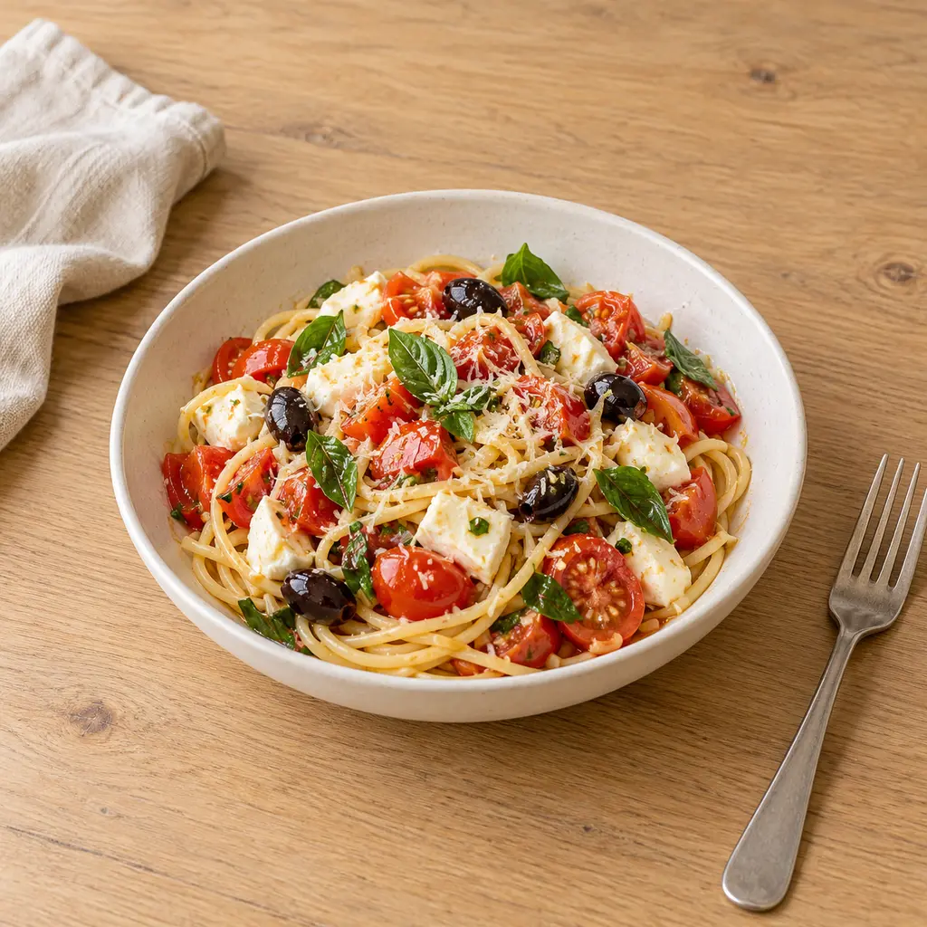 Spaghetti alla checca, tomates crues, mozzarella et basilic