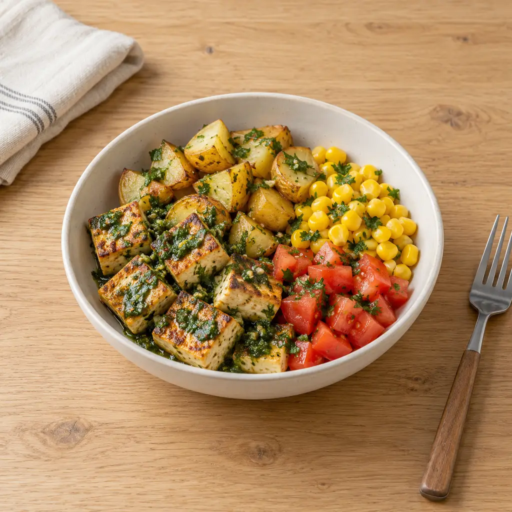 Tofu grillé au chimichurri, pommes de terre sautées et maïs