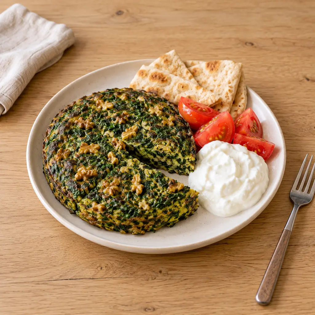 Kuku sabzi, omelette persane aux herbes, pita et yaourt