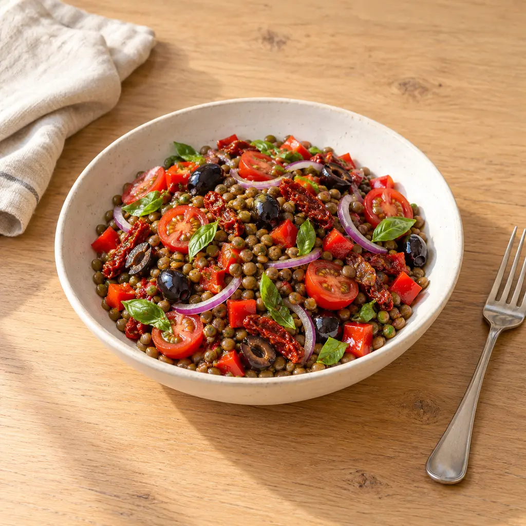 Salade de lentilles vertes à la provençale, tomates séchées, olives et basilic