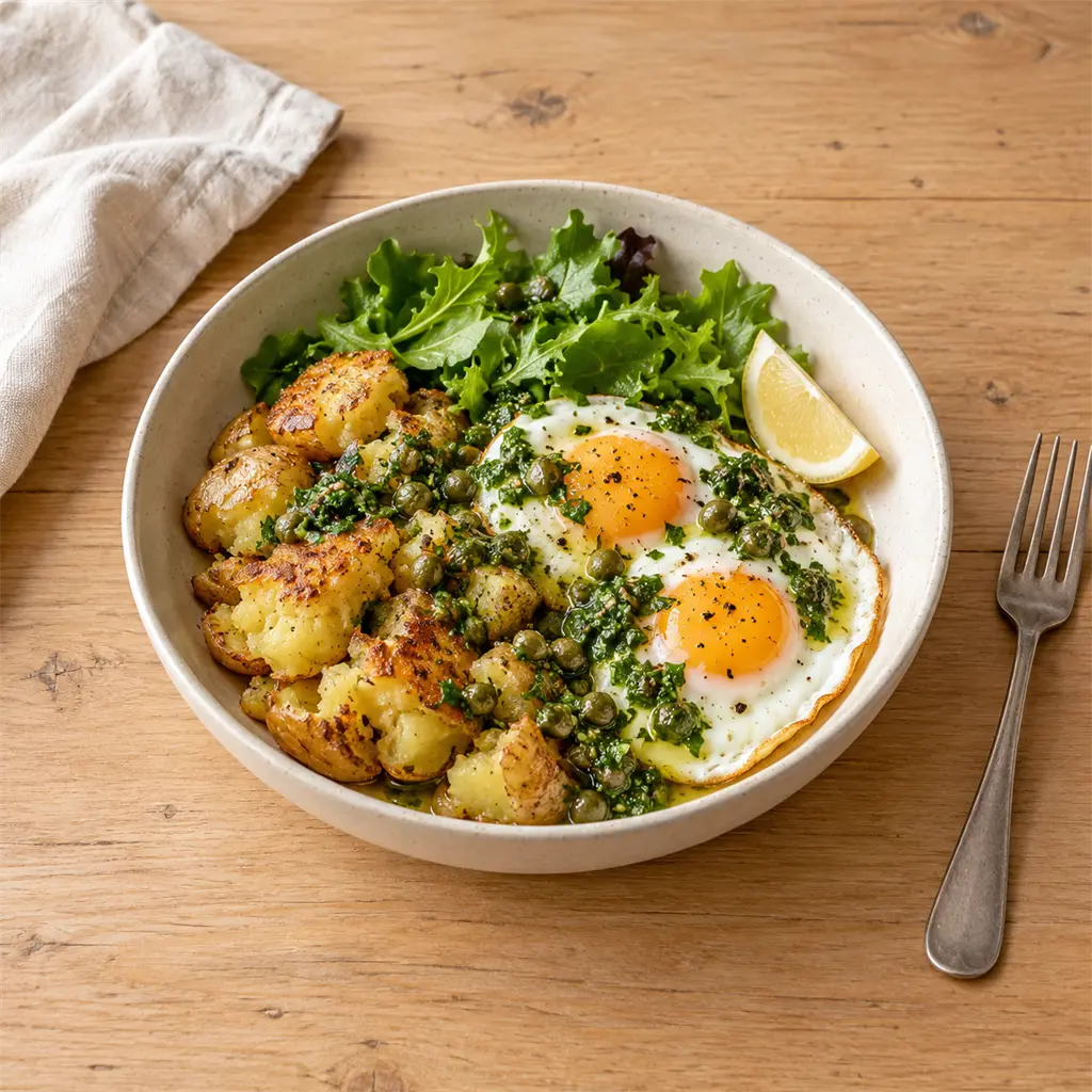 Pommes de terre nouvelles écrasées, oeufs au plat et salsa verde aux câpres