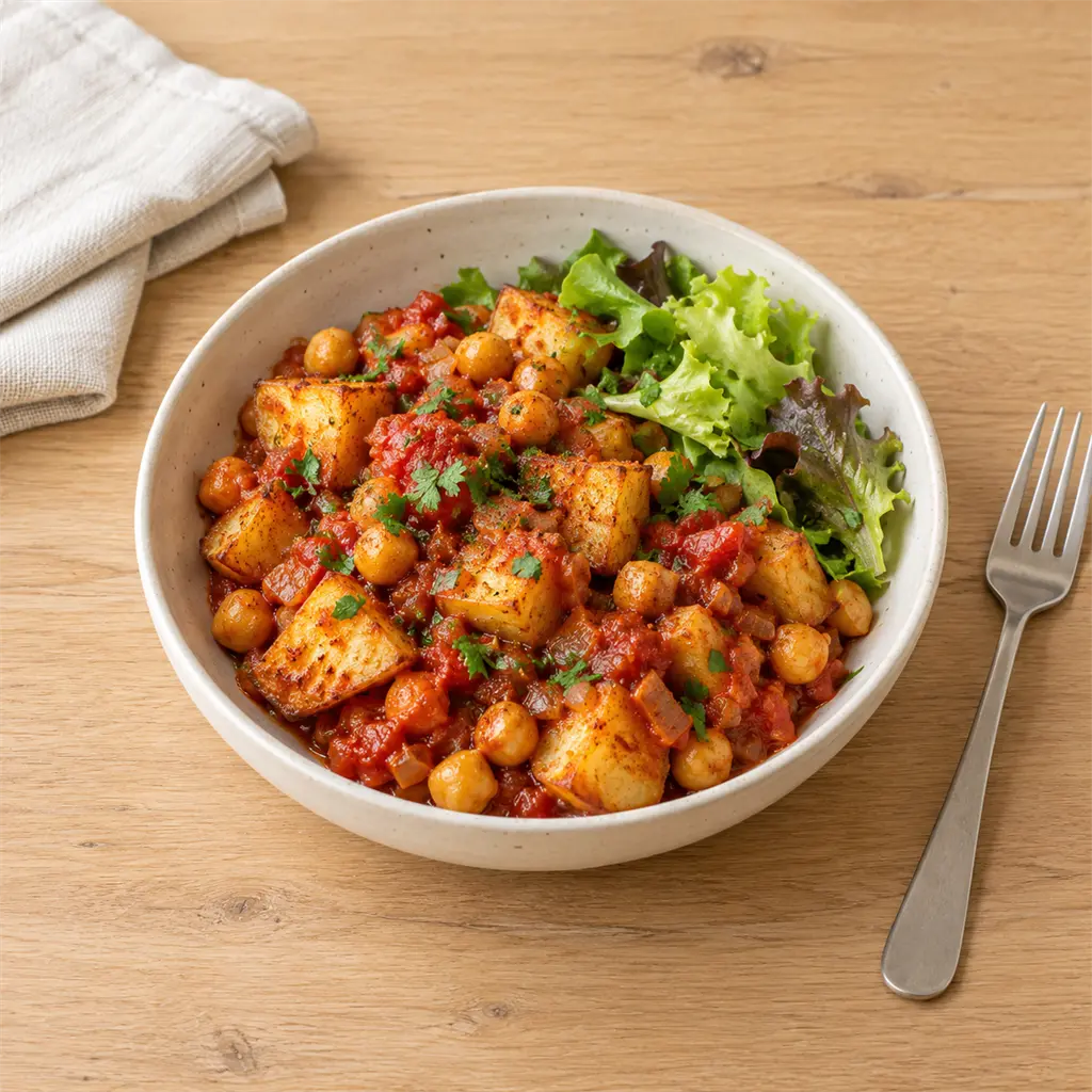 Patatas bravas au air fryer, pois chiches et sauce tomate pimentée