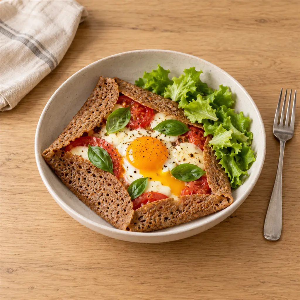 Galettes de sarrasin tomate-mozzarella et oeuf miroir