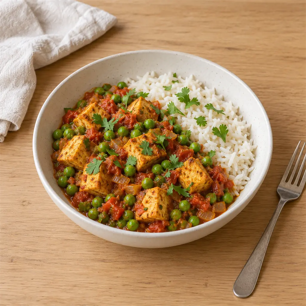 Matar tofu aux petits pois, sauce tomate au garam masala et riz basmati