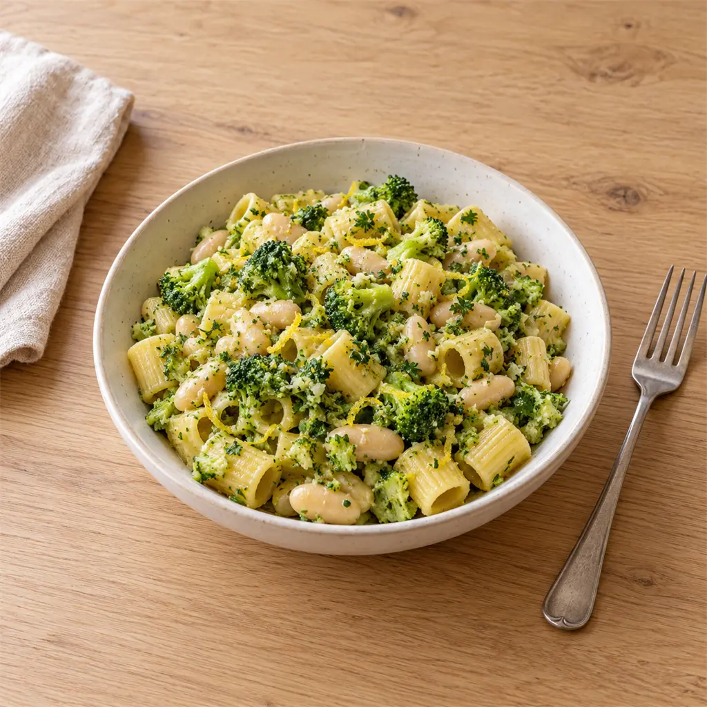 Pâtes au brocoli, haricots blancs, ail et citron
