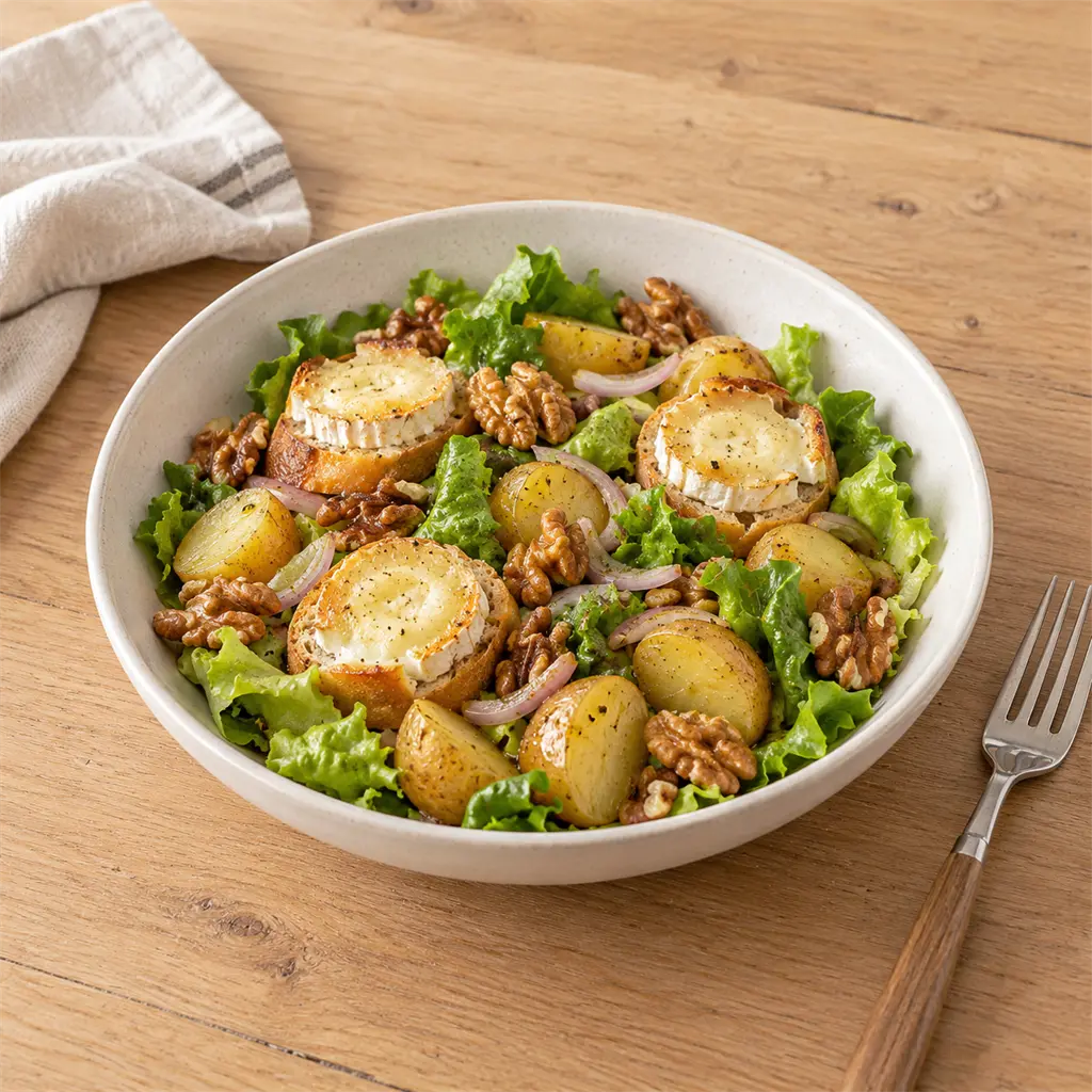 Salade de chèvre chaud, pommes de terre tièdes et noix