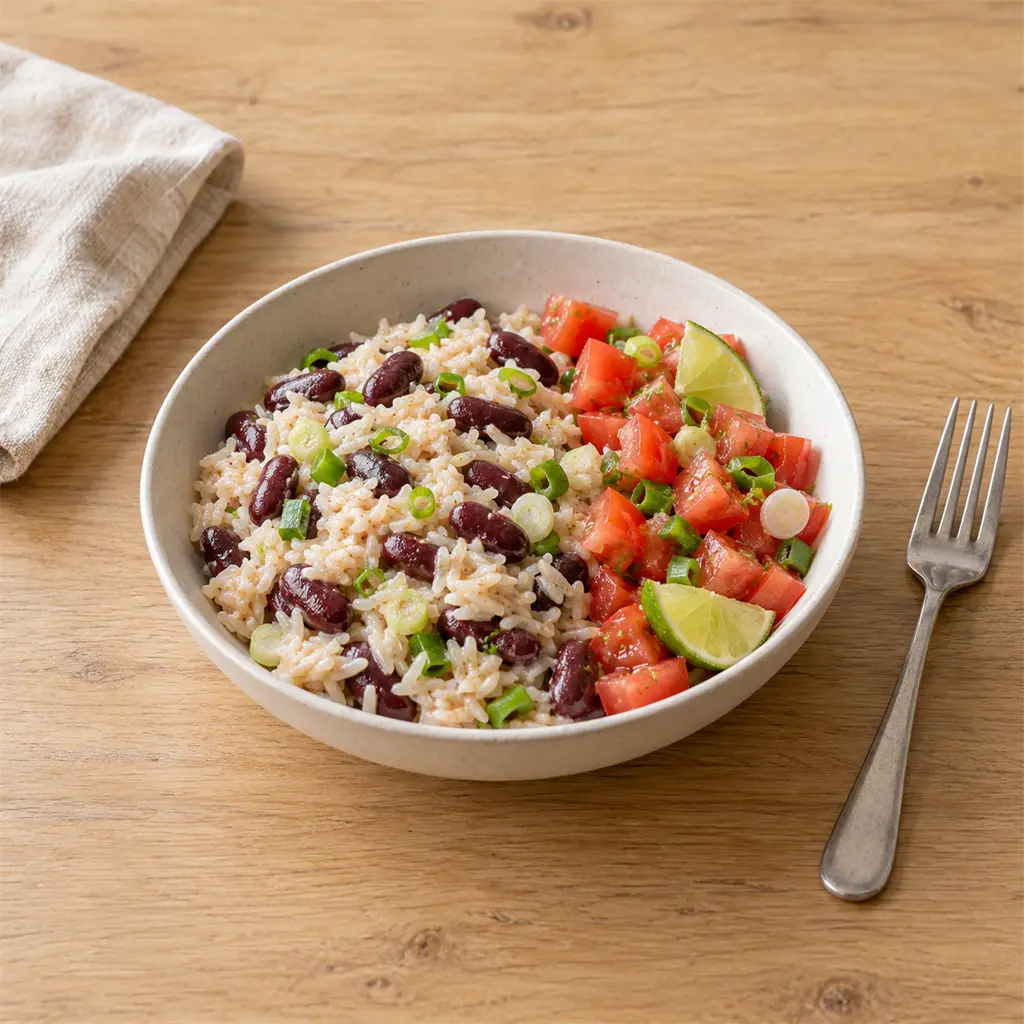 Riz aux haricots rouges et lait de coco, salade tomates-citron vert