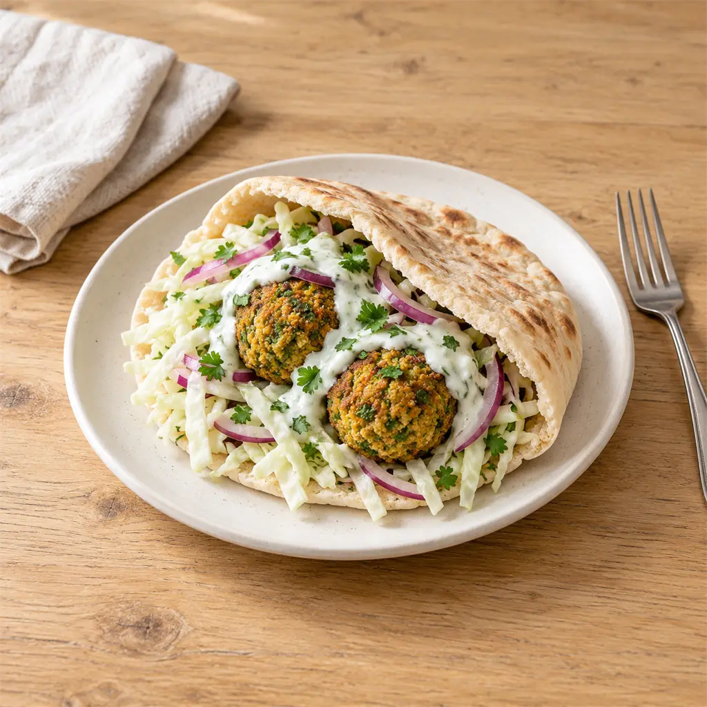 Falafels au four, salade de chou au citron et sauce yaourt