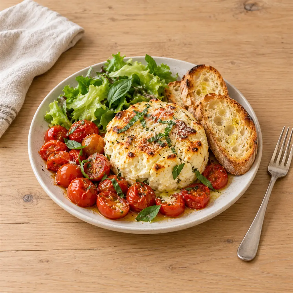 Ricotta au four aux herbes, tomates cerises rôties et pain grillé