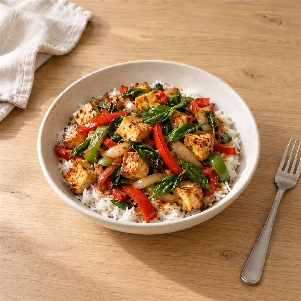 Tofu sauté au basilic et aux poivrons, façon pad kra pao