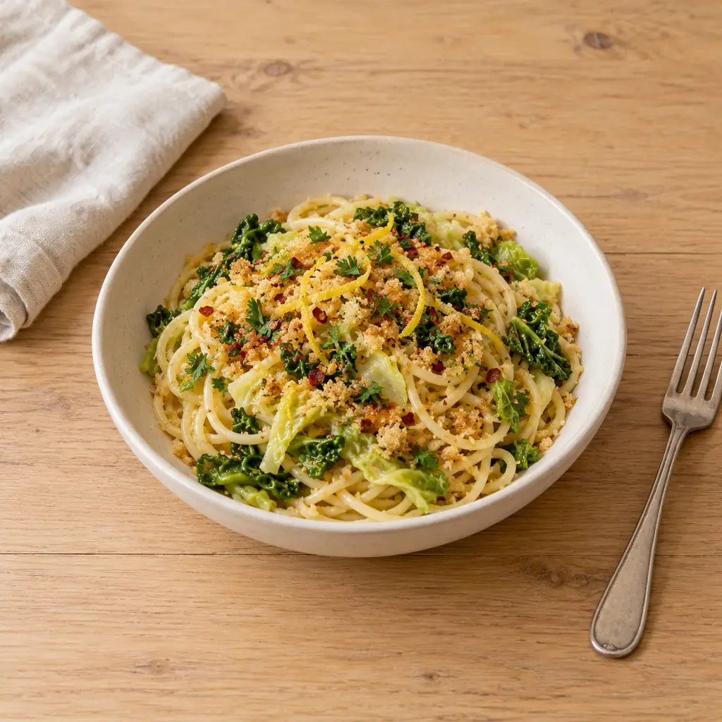 Spaghetti au chou vert, ail, piment et chapelure dorée