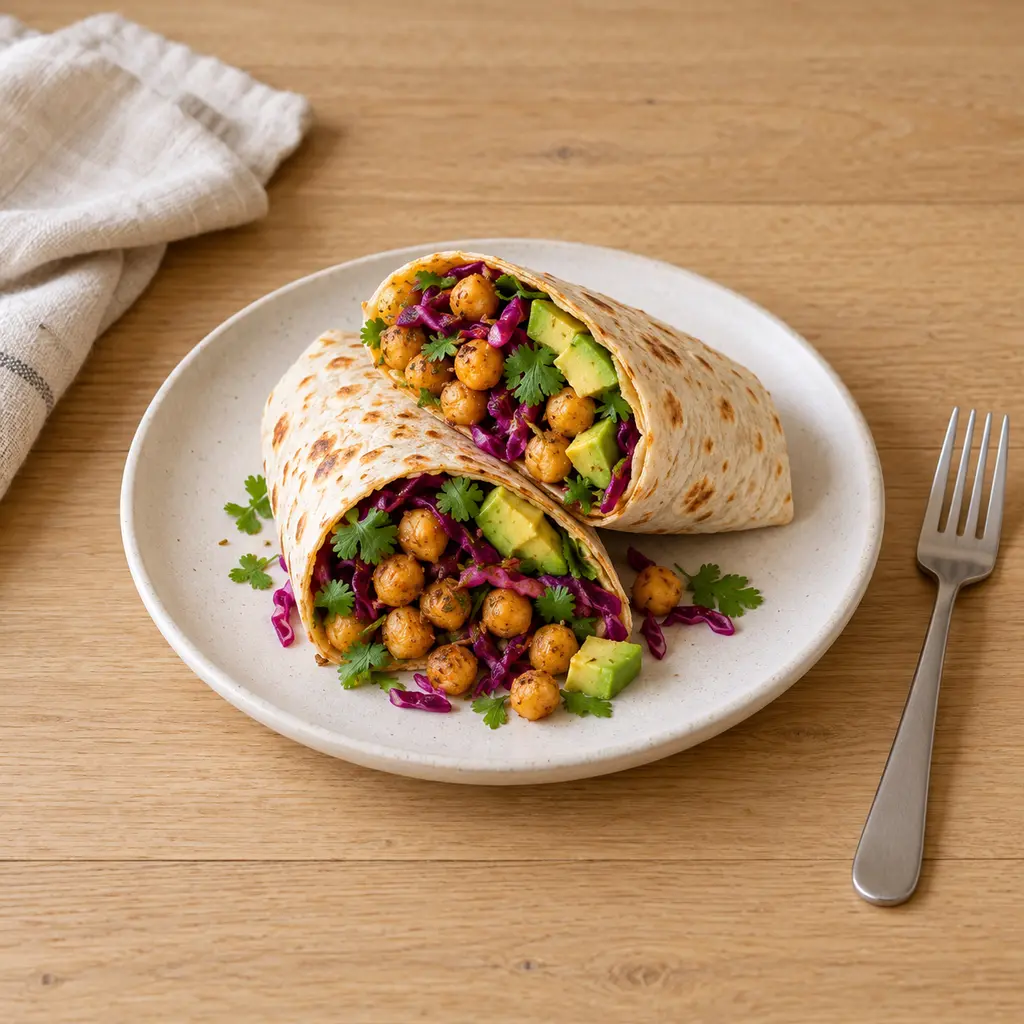 Wraps de pois chiches au cumin, chou rouge mariné et avocat