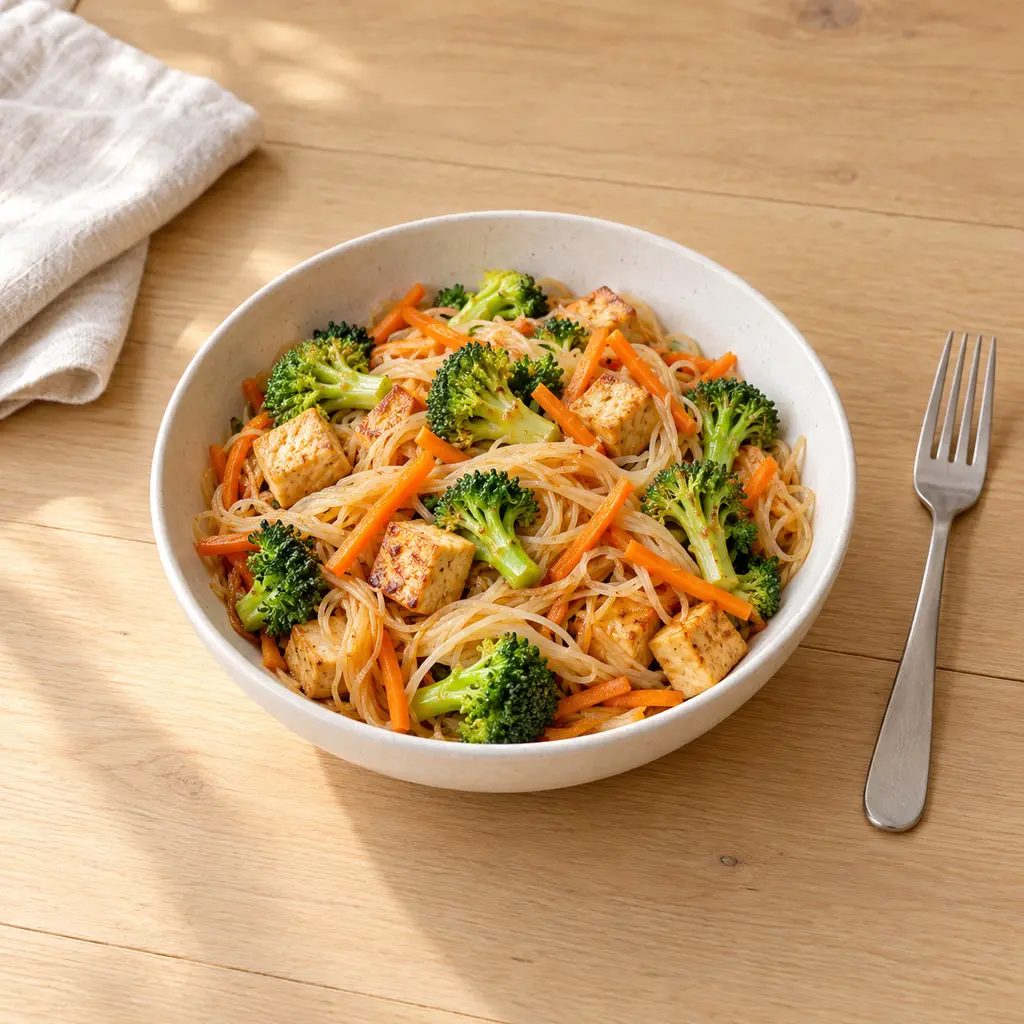 Nouilles de riz sautées au brocoli et au tofu, sauce soja et citron vert