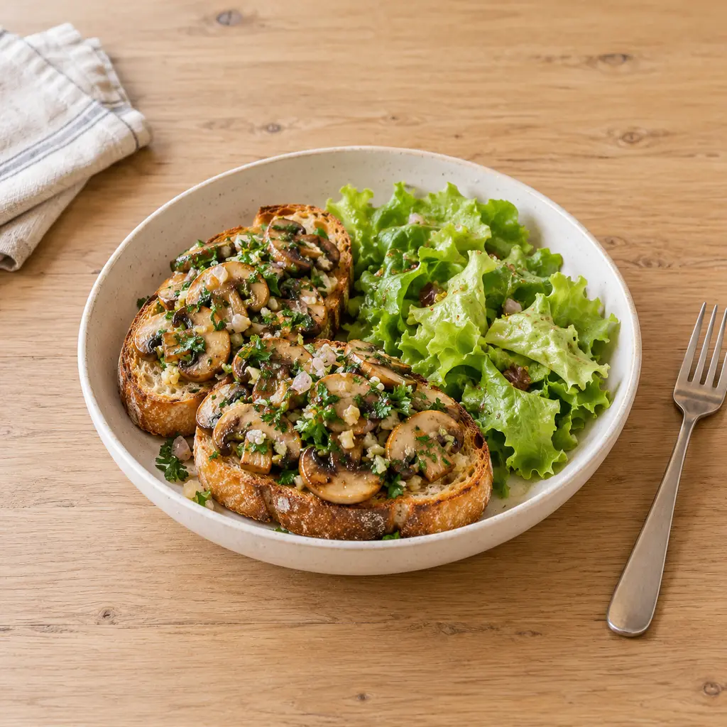Tartines de champignons à l'ail et au persil, salade verte à la moutarde