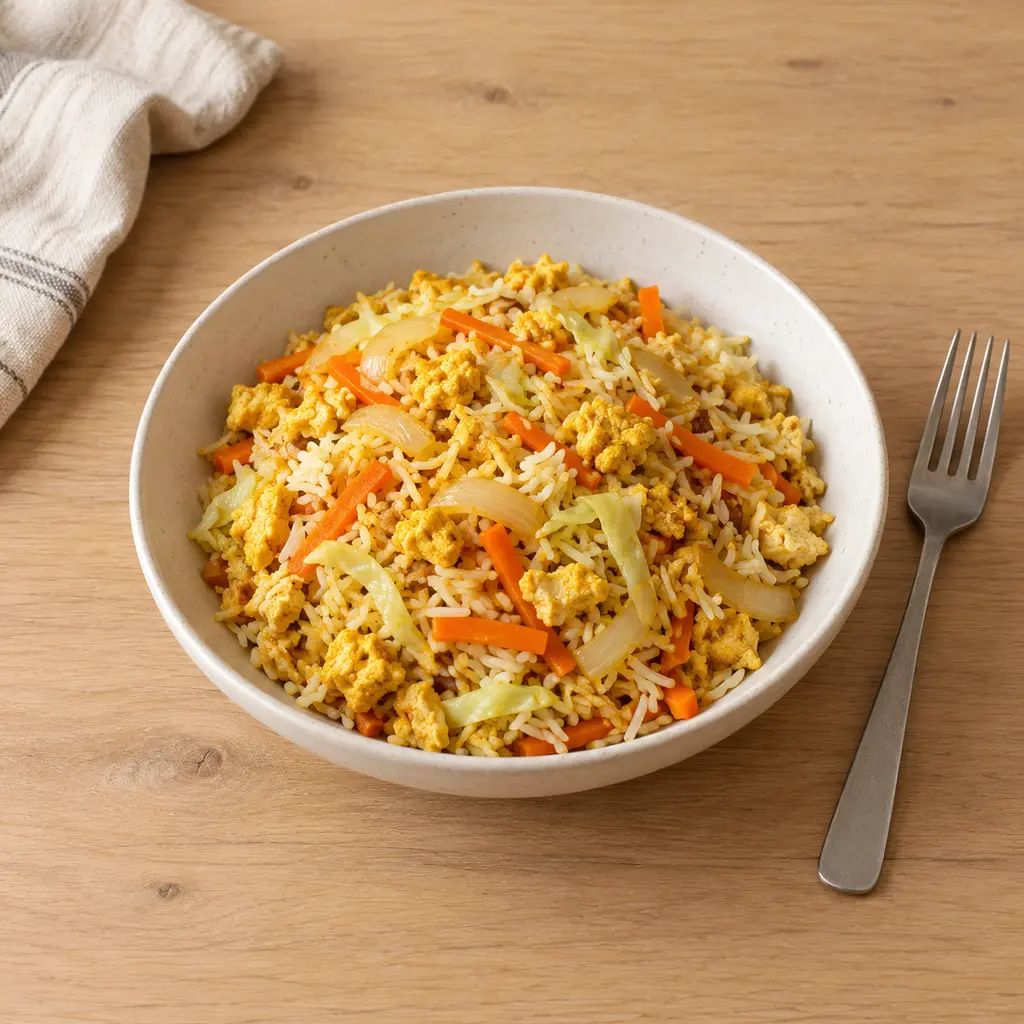 Riz sauté au chou et aux carottes, tofu brouillé au curcuma