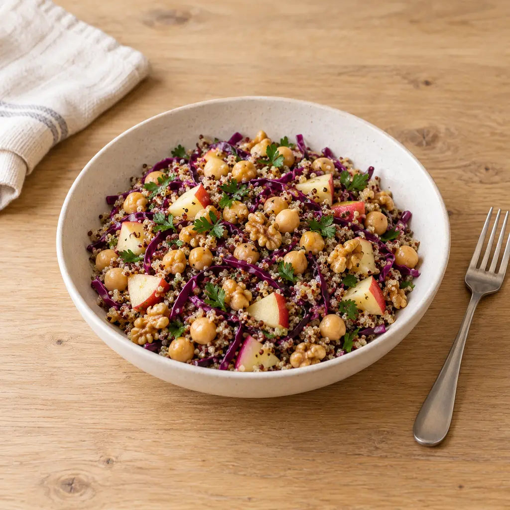 Quinoa tiède au chou rouge, pois chiches et noix, vinaigrette au cumin